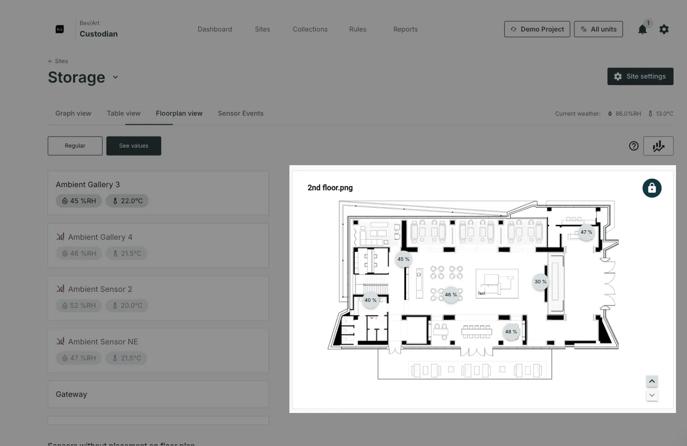 Floorplan view on See values, with each pin showing the sensor's current reading instead of an icon