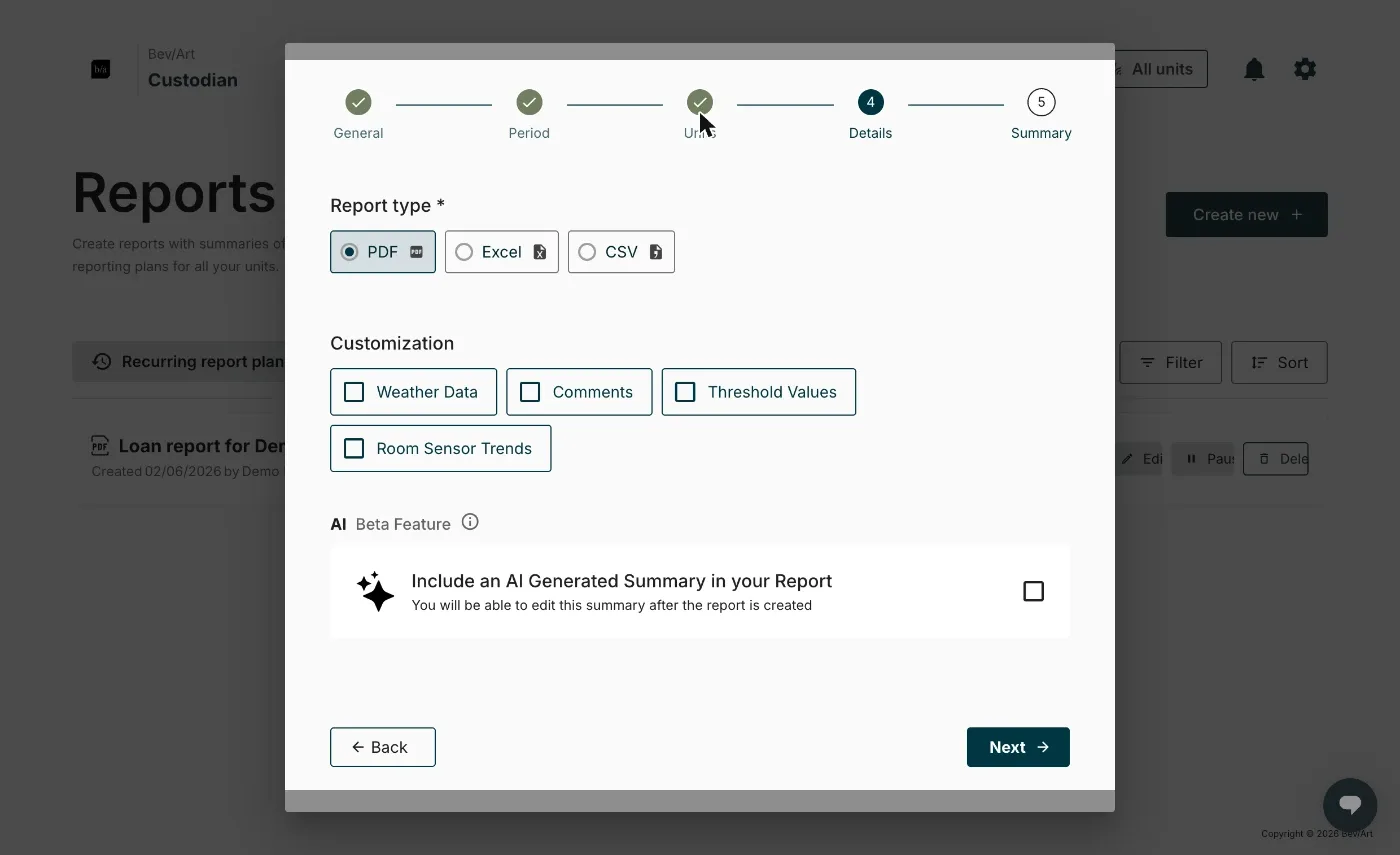 Step 4 with PDF selected, showing the four customisation toggles and the AI summary option