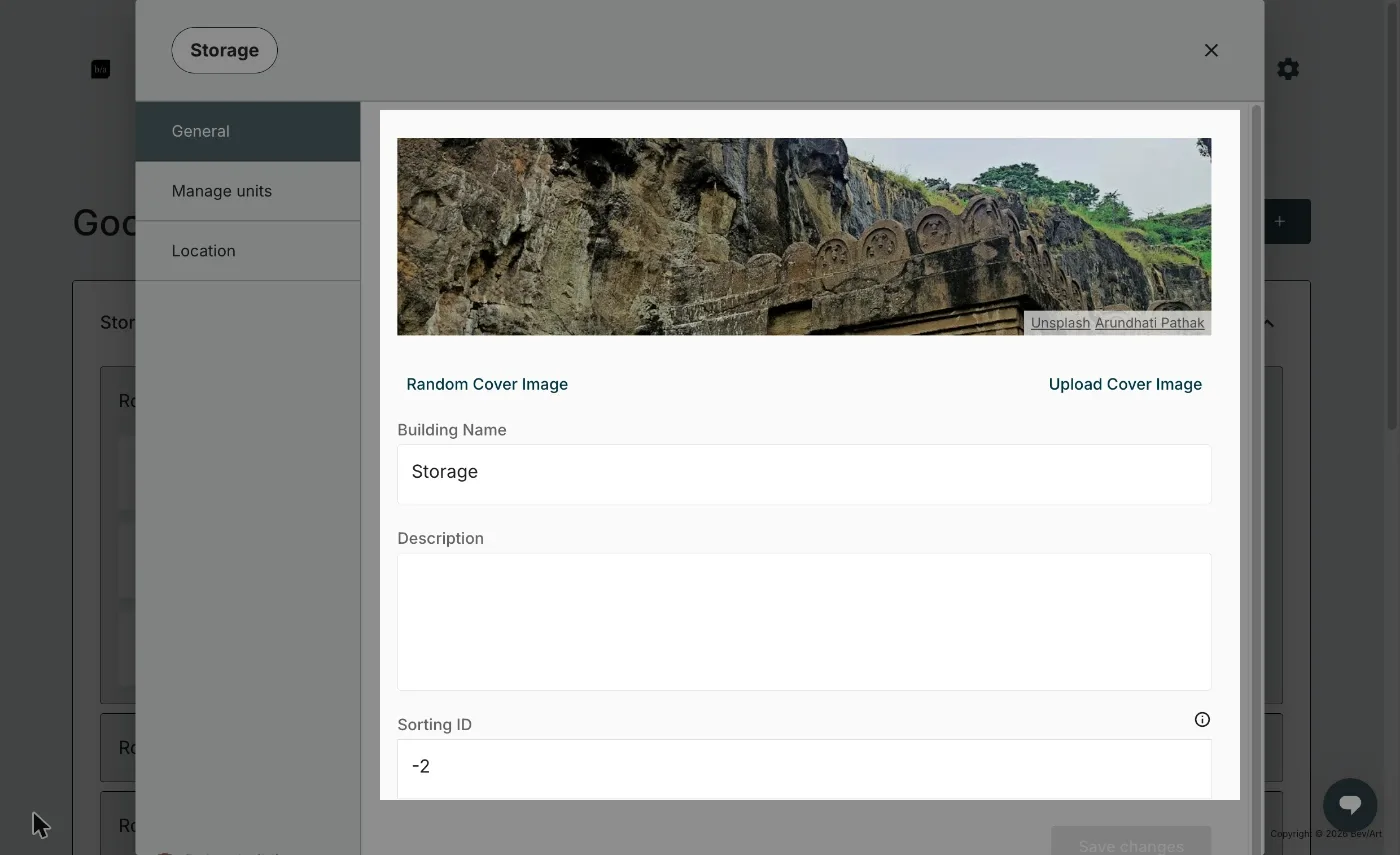 The General tab of a site's settings, with the cover image, name, description and Sorting ID