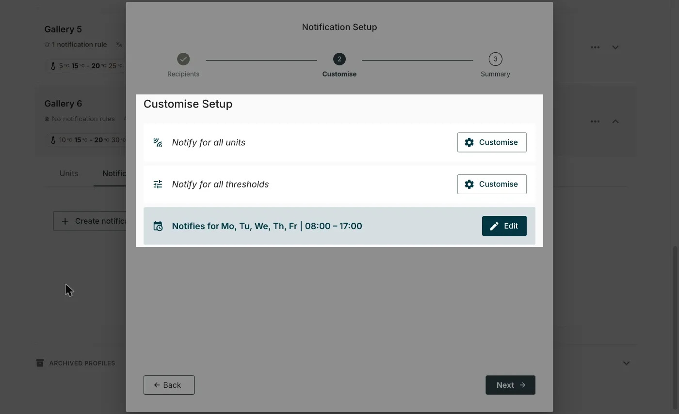 The Customise step, with rows for units and thresholds and a notification window set to weekdays, 08:00 to 17:00