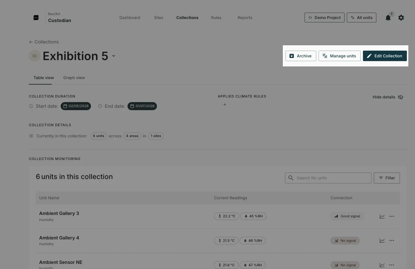 The top of a collection page, with the Archive, Manage units and Edit Collection buttons