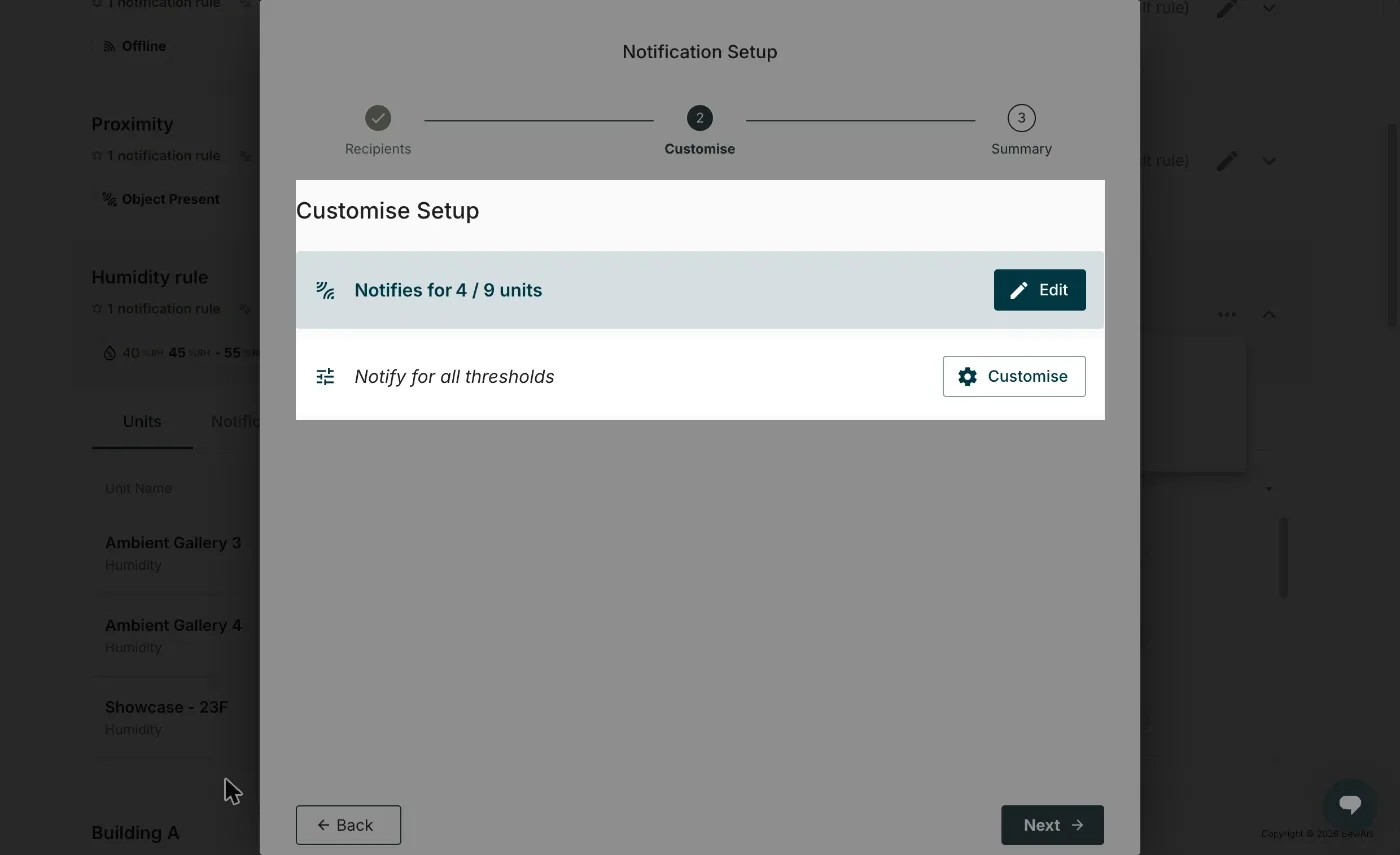 The Customise step, with a row for units and a row for thresholds