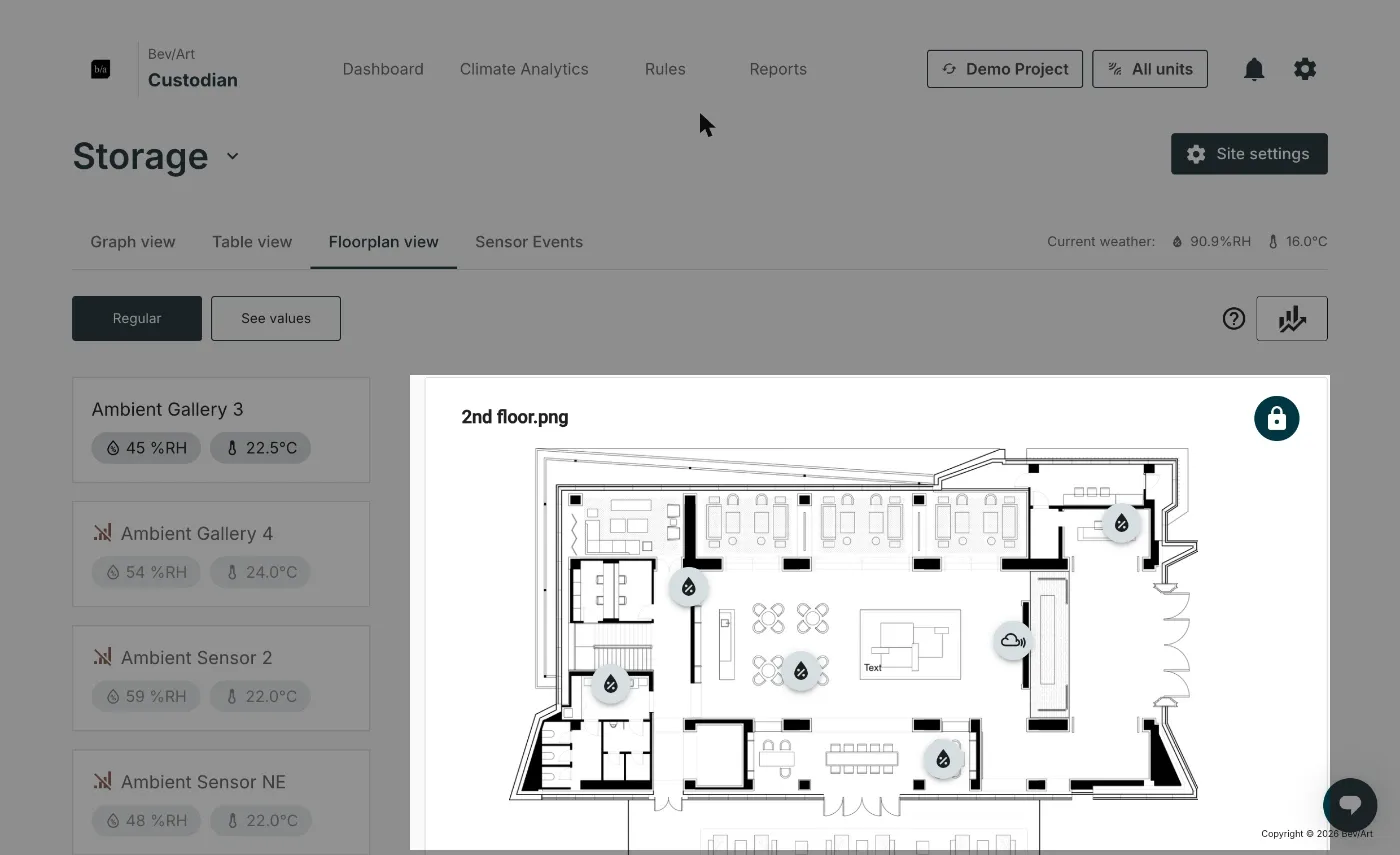 The same floor plan in Regular mode, each sensor shown as a plain pin