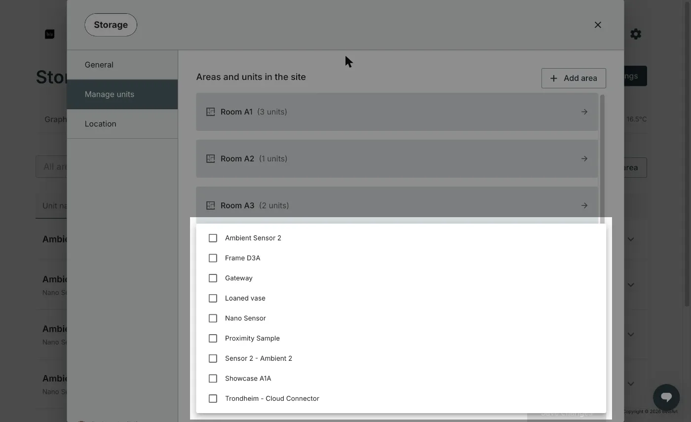 The Add new units to this site dropdown, listing the units not yet in this site