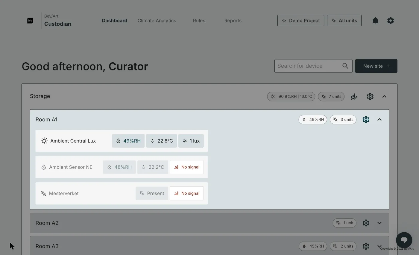 A site card expanded to a room, and the room expanded to its three units