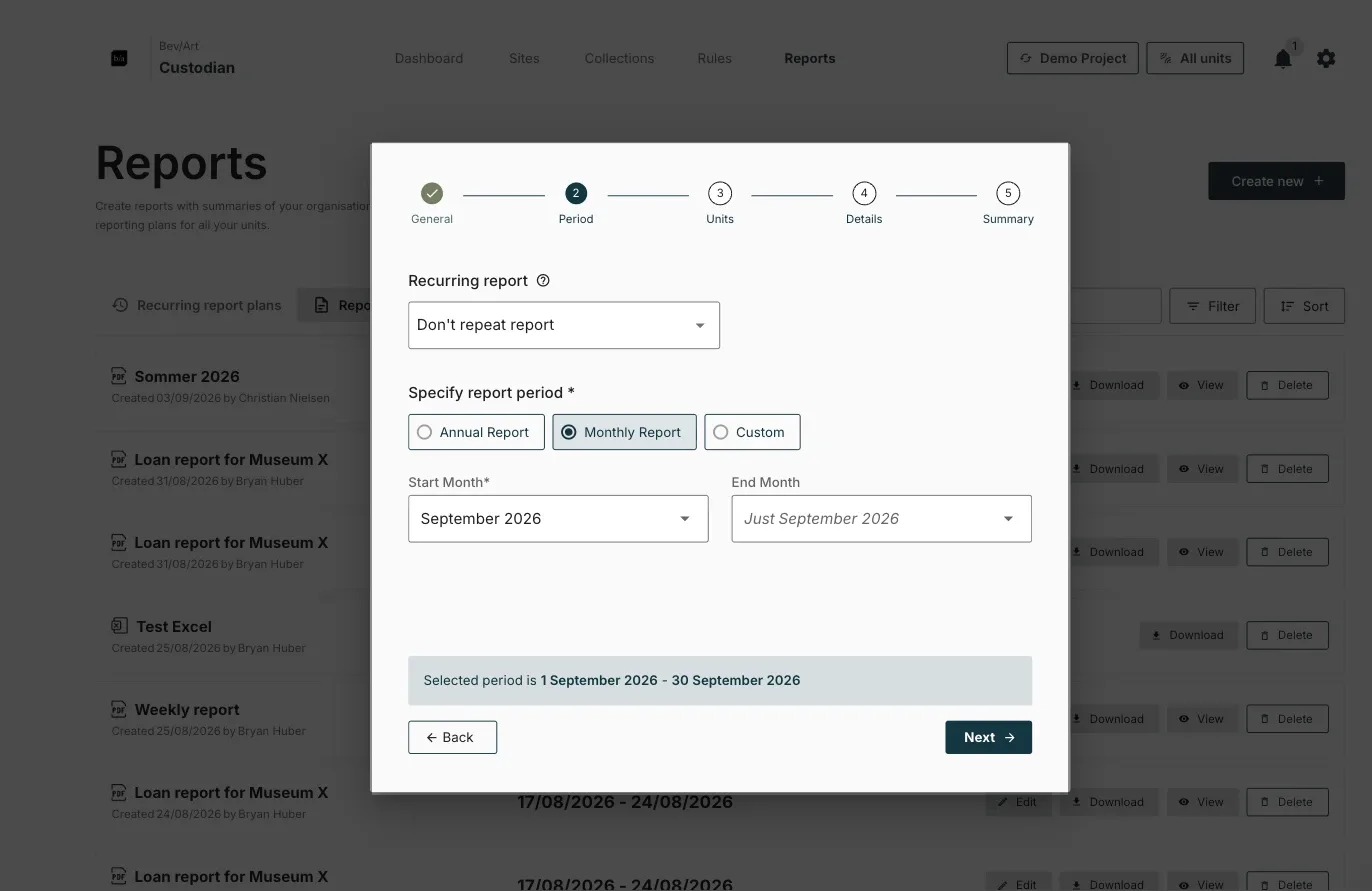 Step 2 of the report wizard with Monthly Report selected, showing the start and end month pickers and the confirmed period