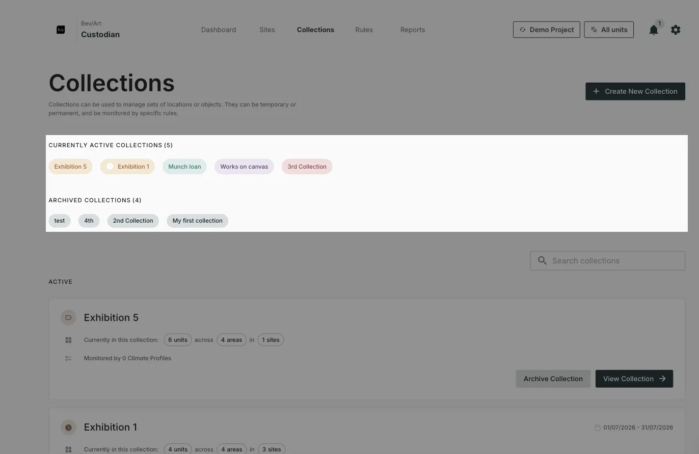 The Collections page with the active and archived pill strips at the top