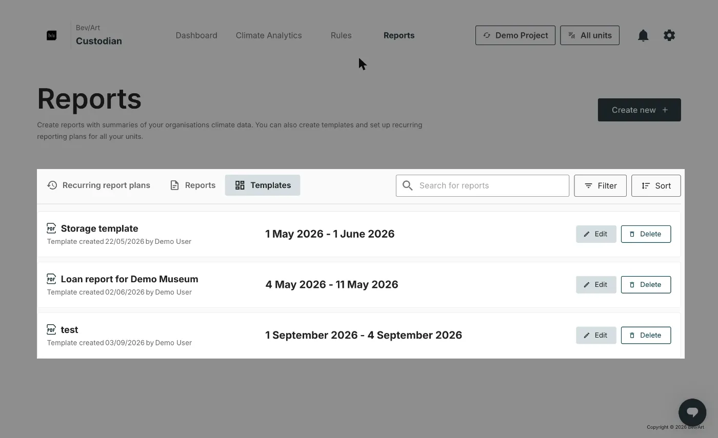 The Templates tab, one row per saved template