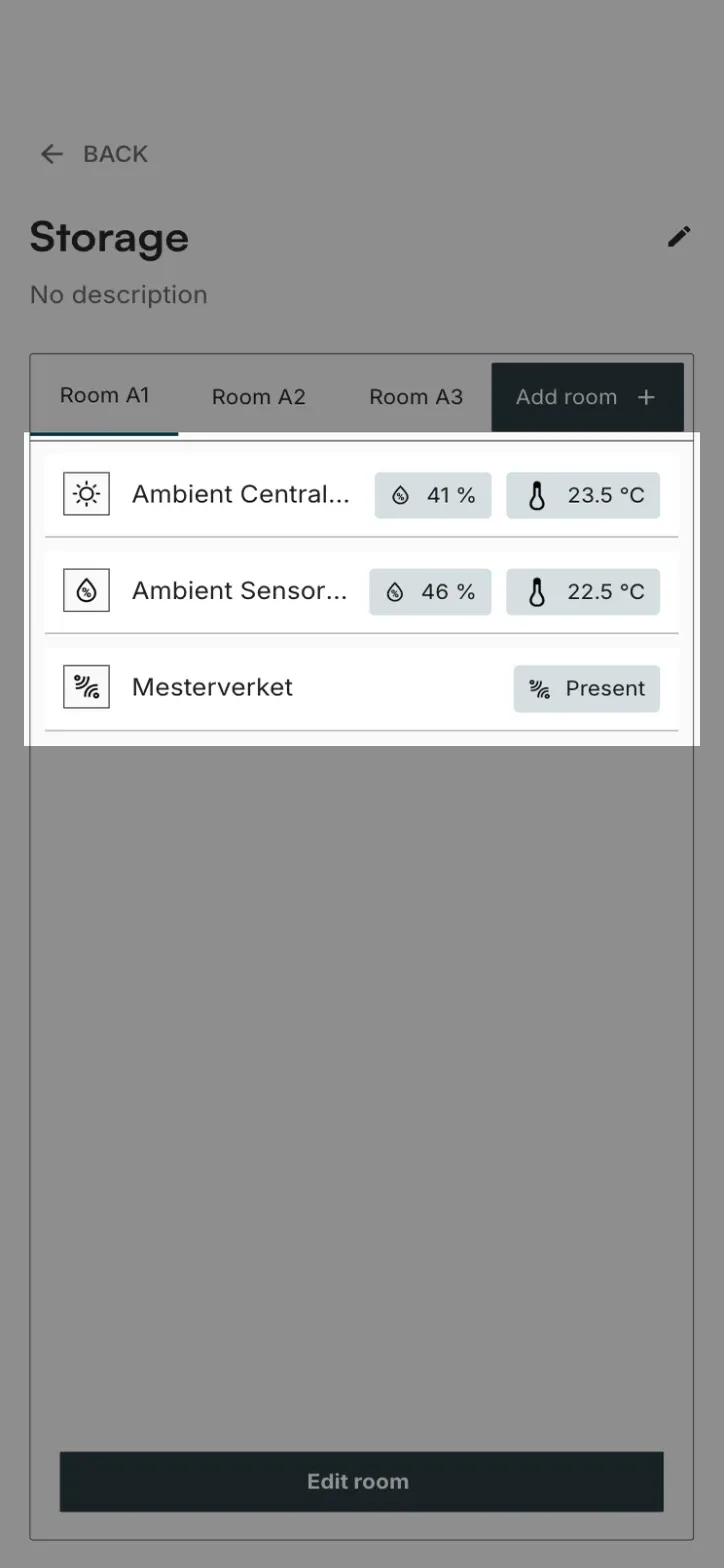 A room open on a phone, with each sensor listed alongside its latest humidity and temperature reading