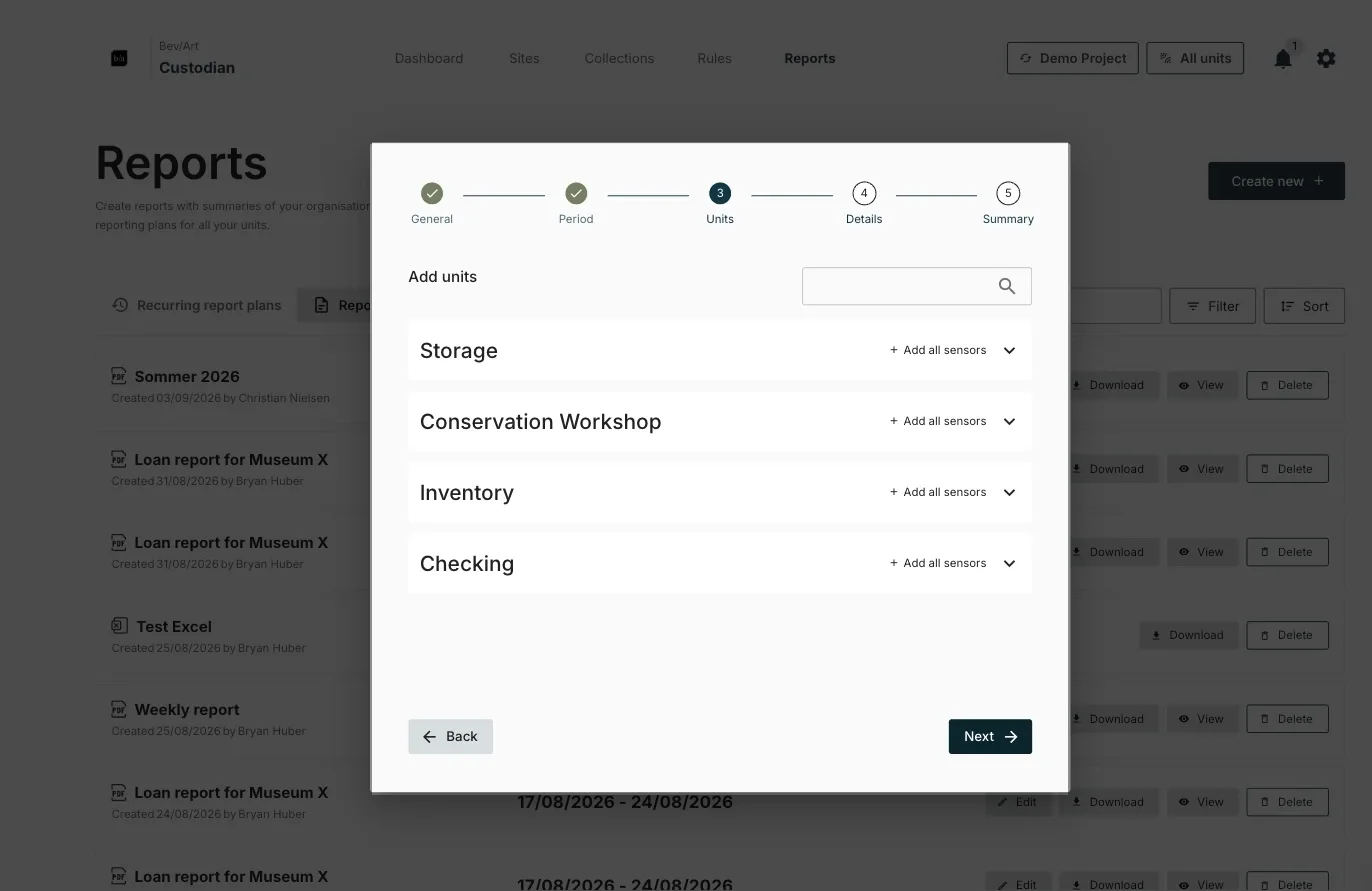 Step 3 of the report wizard, listing each site with an Add all sensors button beside it