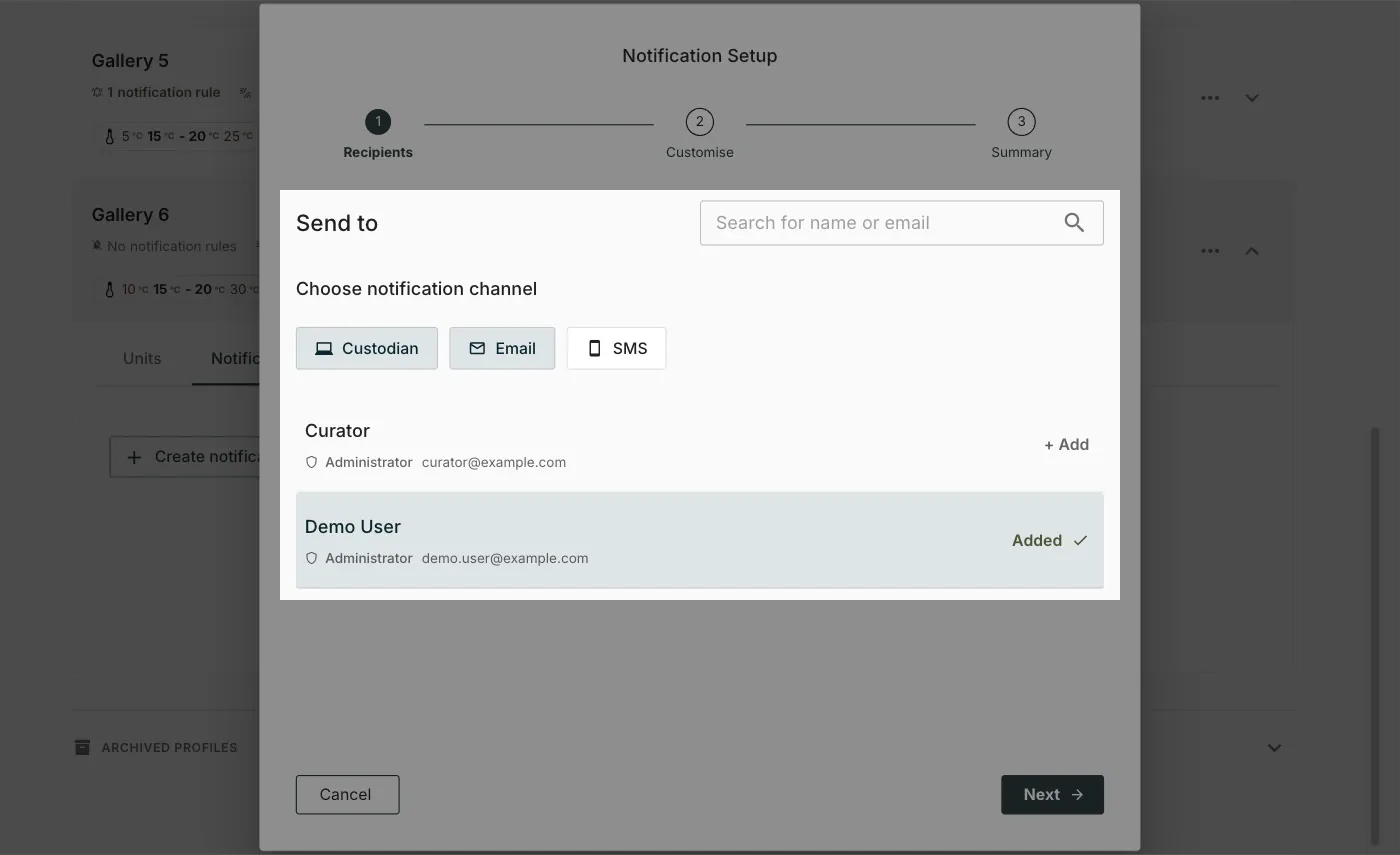 Step 1 of the notification setup, with Custodian and Email selected as channels and one recipient marked Added