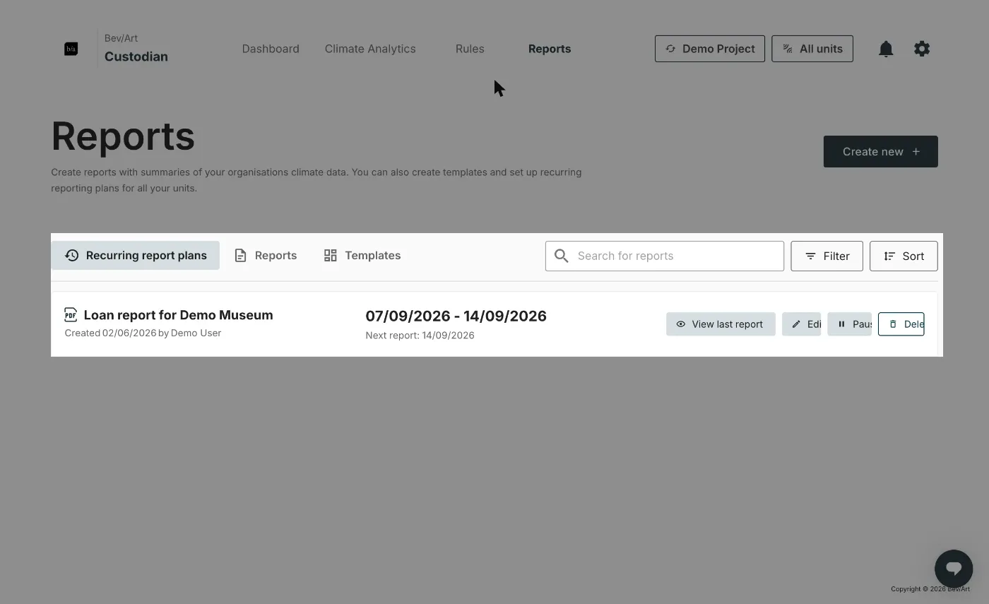 A recurring report plan, with its next report date and the Pause button