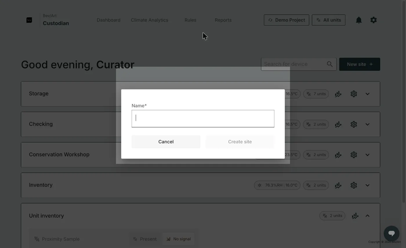 The New site dialog, with a Name field, Cancel and Create site