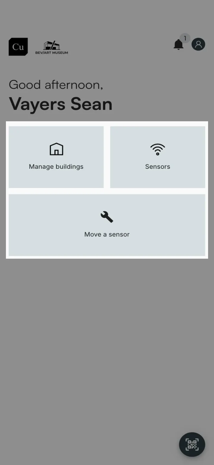 The mobile home screen with the Manage buildings, Sensors and Move a sensor tiles