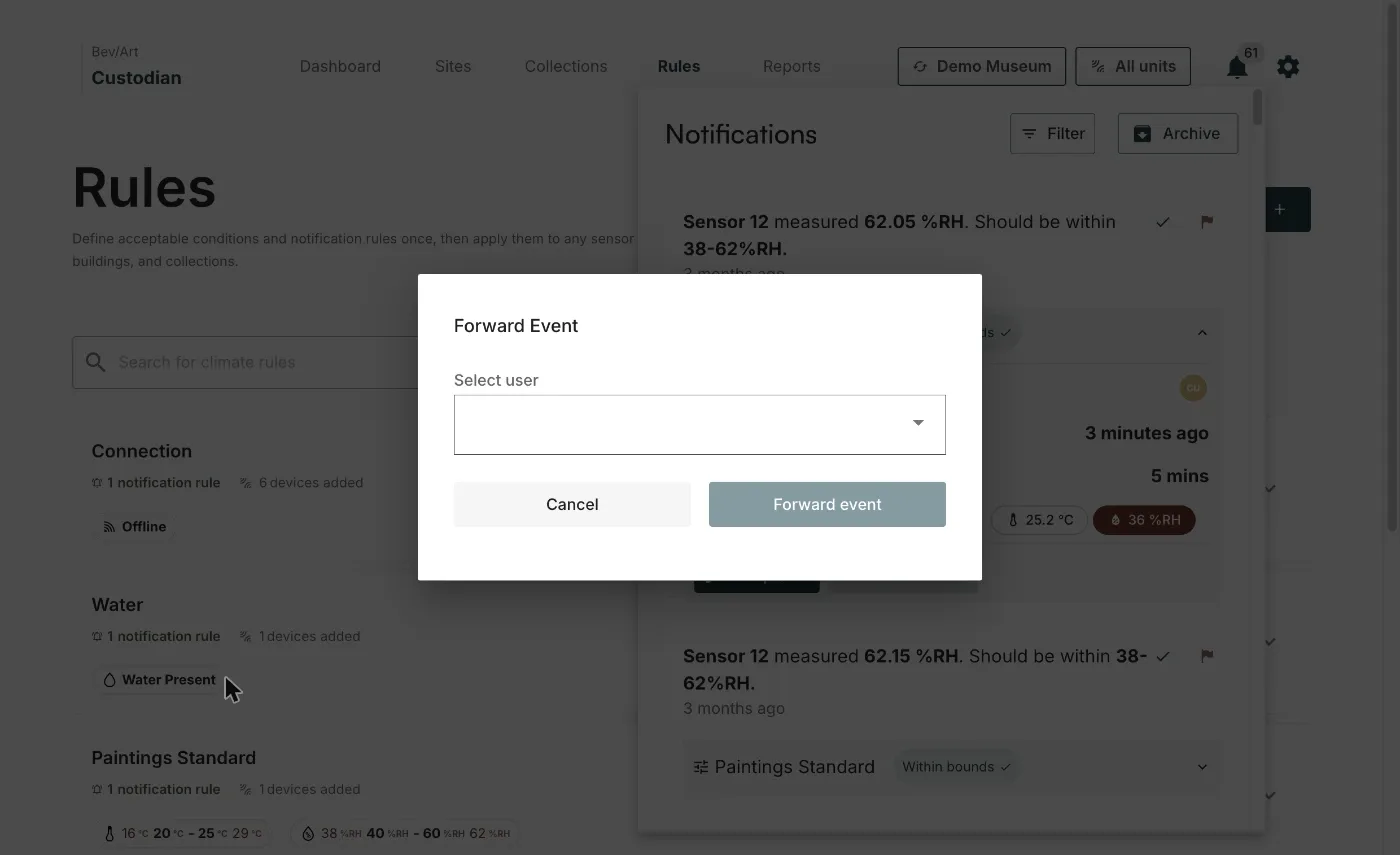 The Forward Event dialog, with the Select user dropdown