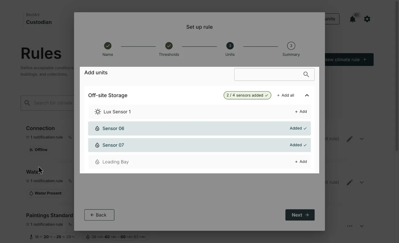 Step 3 with a site expanded and two of its sensors marked Added