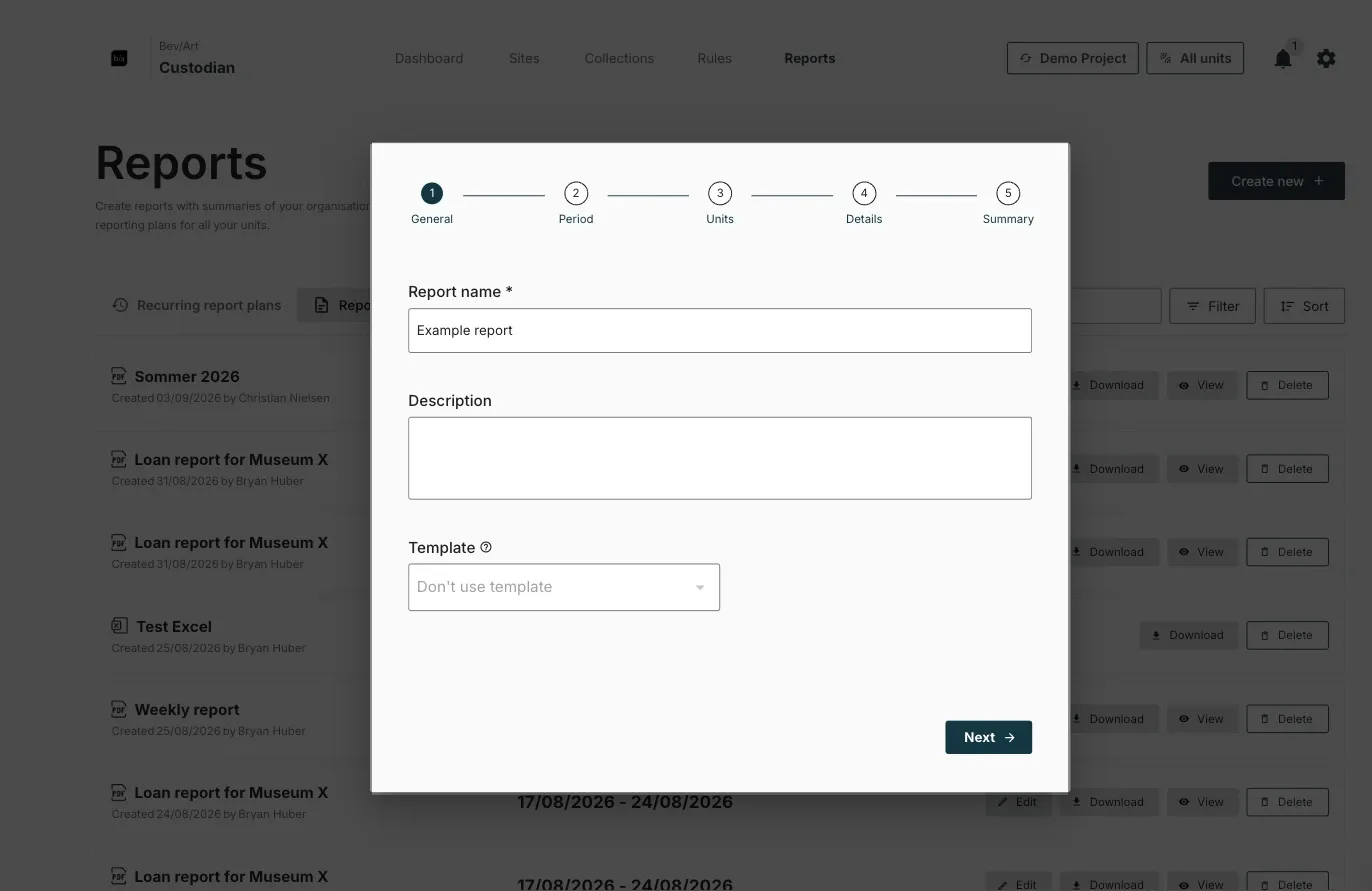 Step 1 of the report wizard, with the report name filled in and Description and Template below it