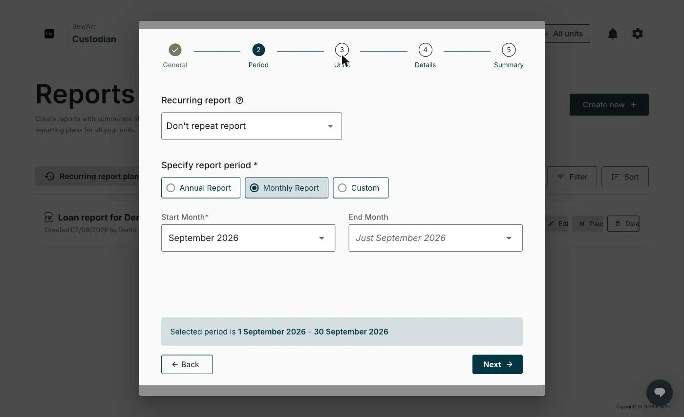 Step 2 of the wizard, set to Monthly Report, with the period spelled out below