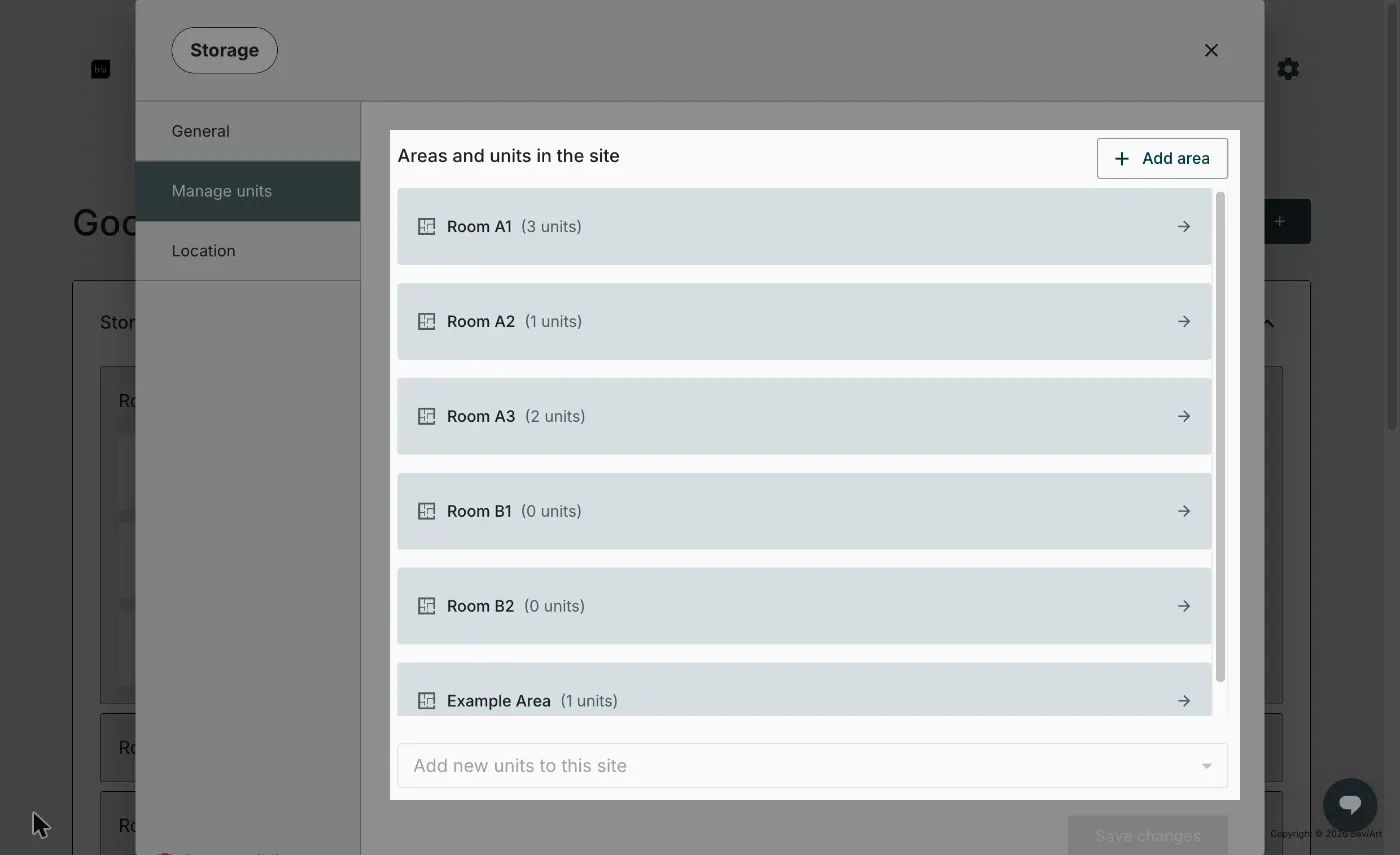 The Manage units tab, listing each area with its unit count and the Add new units dropdown below