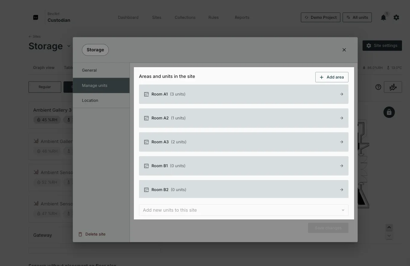 The Manage units tab listing each area in the site with its unit count