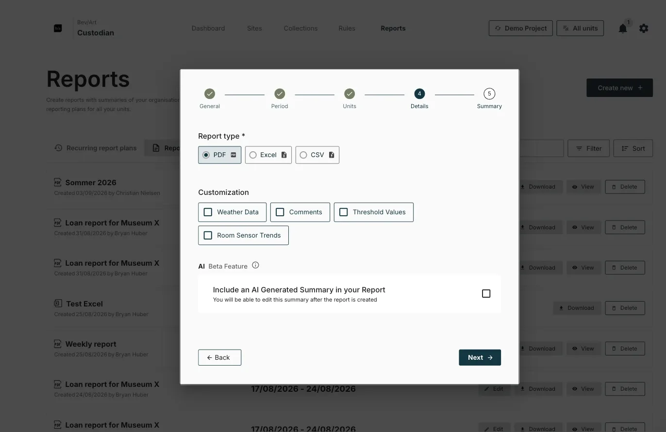 Step 4 of the report wizard with PDF selected, showing the Customization options and the AI summary toggle