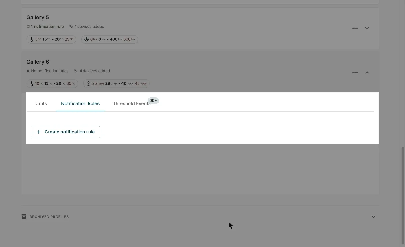 The Notification Rules tab inside a climate rule, with the Create notification rule button