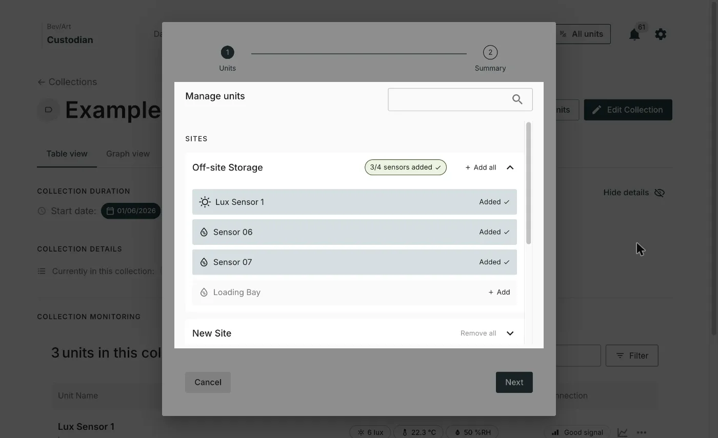 The Manage units panel with a site expanded. Sensors already in the collection are marked Added, the rest have + Add