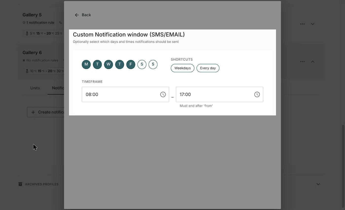 The Custom Notification window panel, with Monday to Friday selected and a timeframe of 08:00 to 17:00
