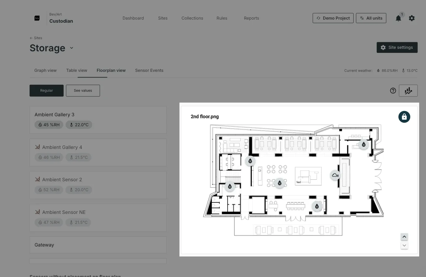 Floorplan view on Regular, with each placed sensor marked by its sensor-type icon