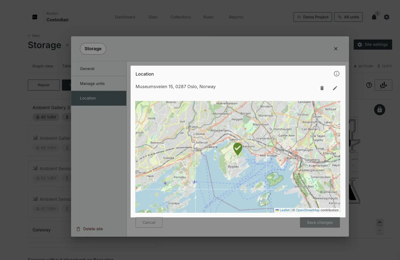 The Location tab showing the site's address above a map with a pin on its position