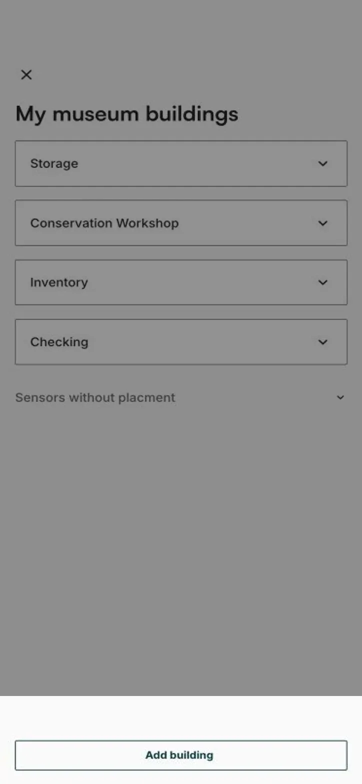 The building list with Add building at the bottom of the screen