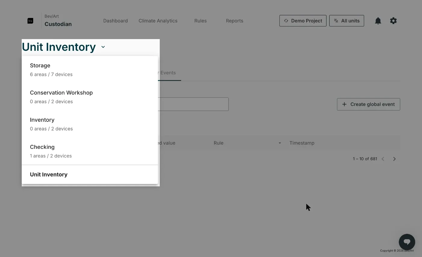 The site dropdown open, listing each site with its area and device count