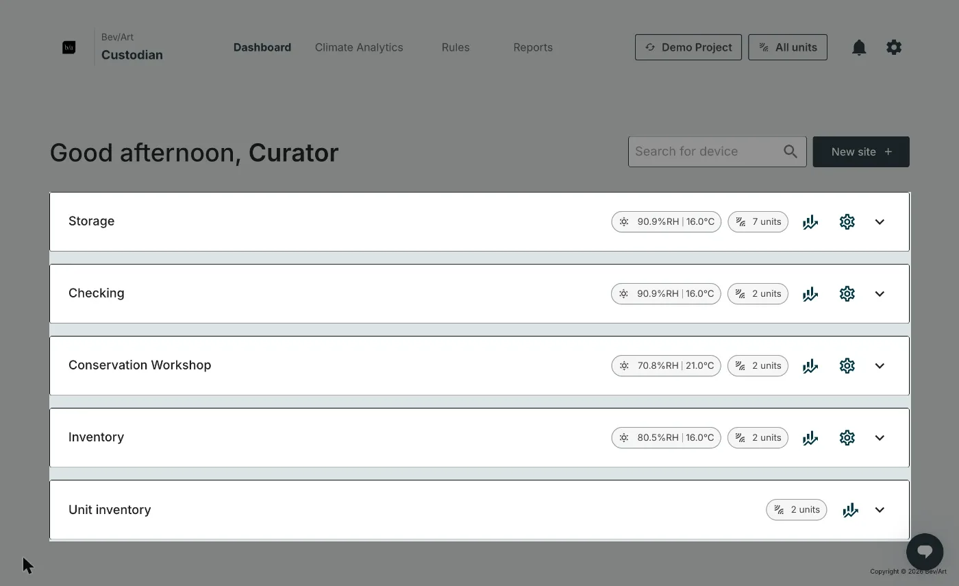 The Dashboard, with one card per site and the Unit inventory at the bottom