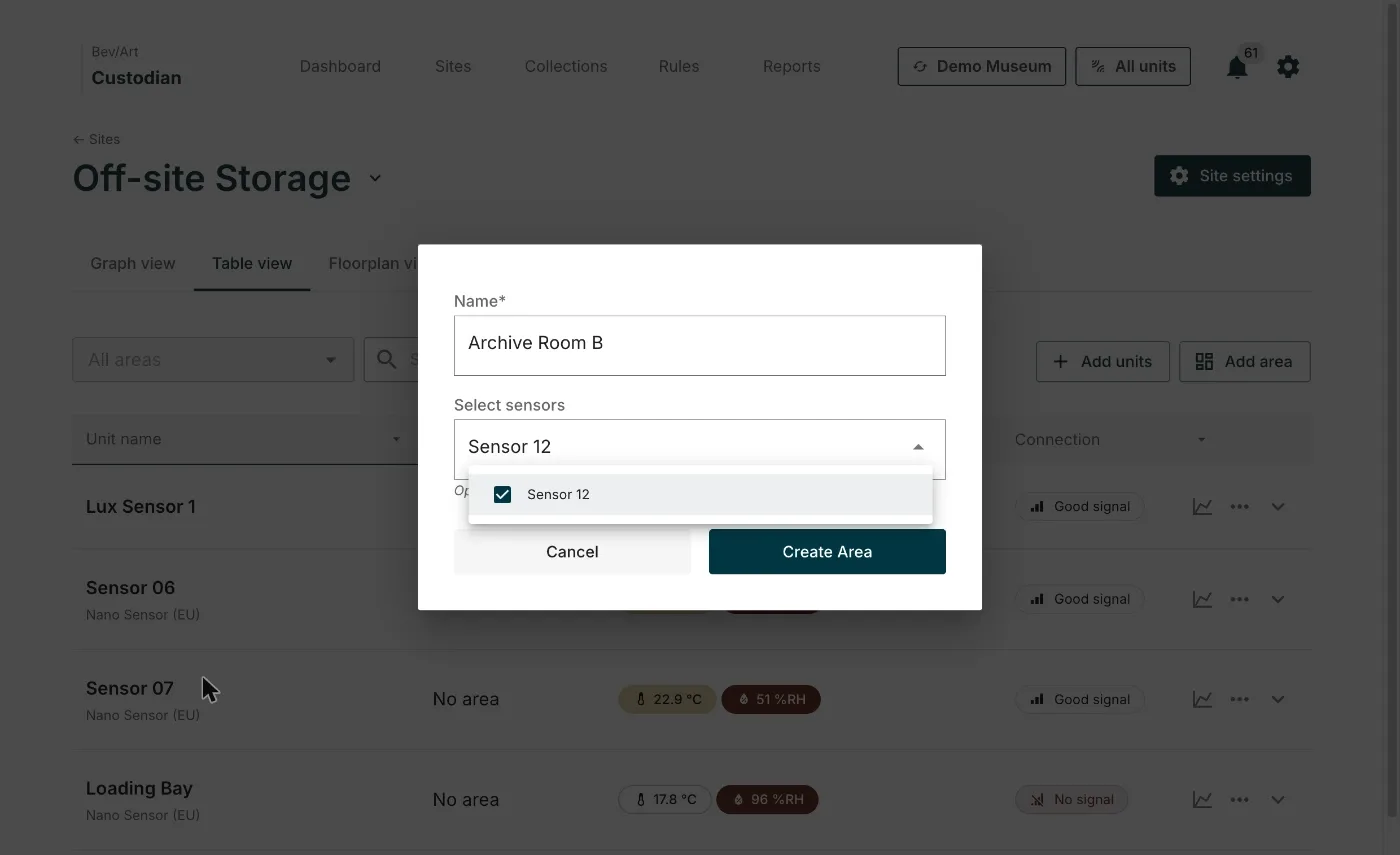 The Add area dialog, with a name filled in and one sensor ticked under Select sensors