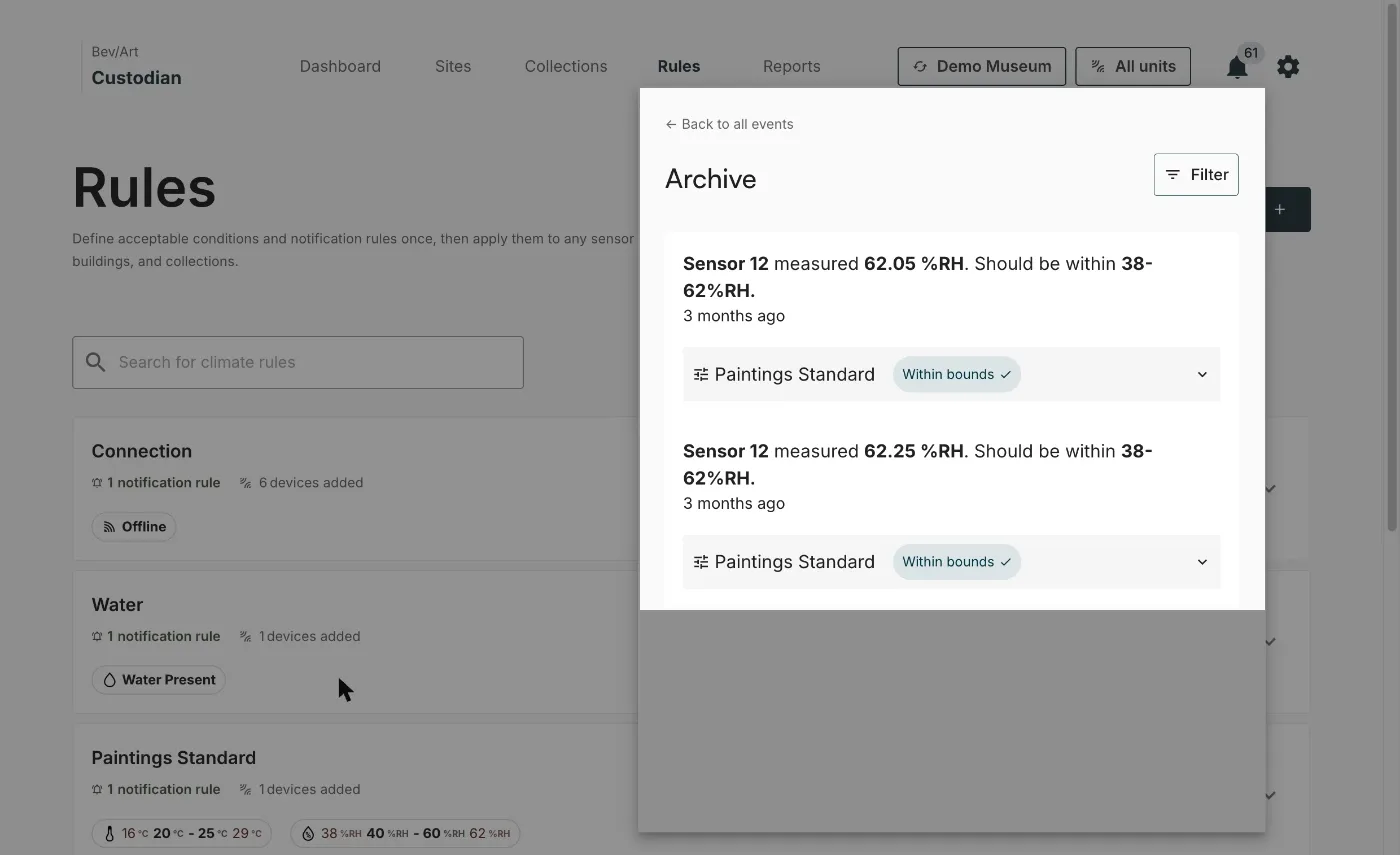 The Archive view of the notification panel, listing archived notifications