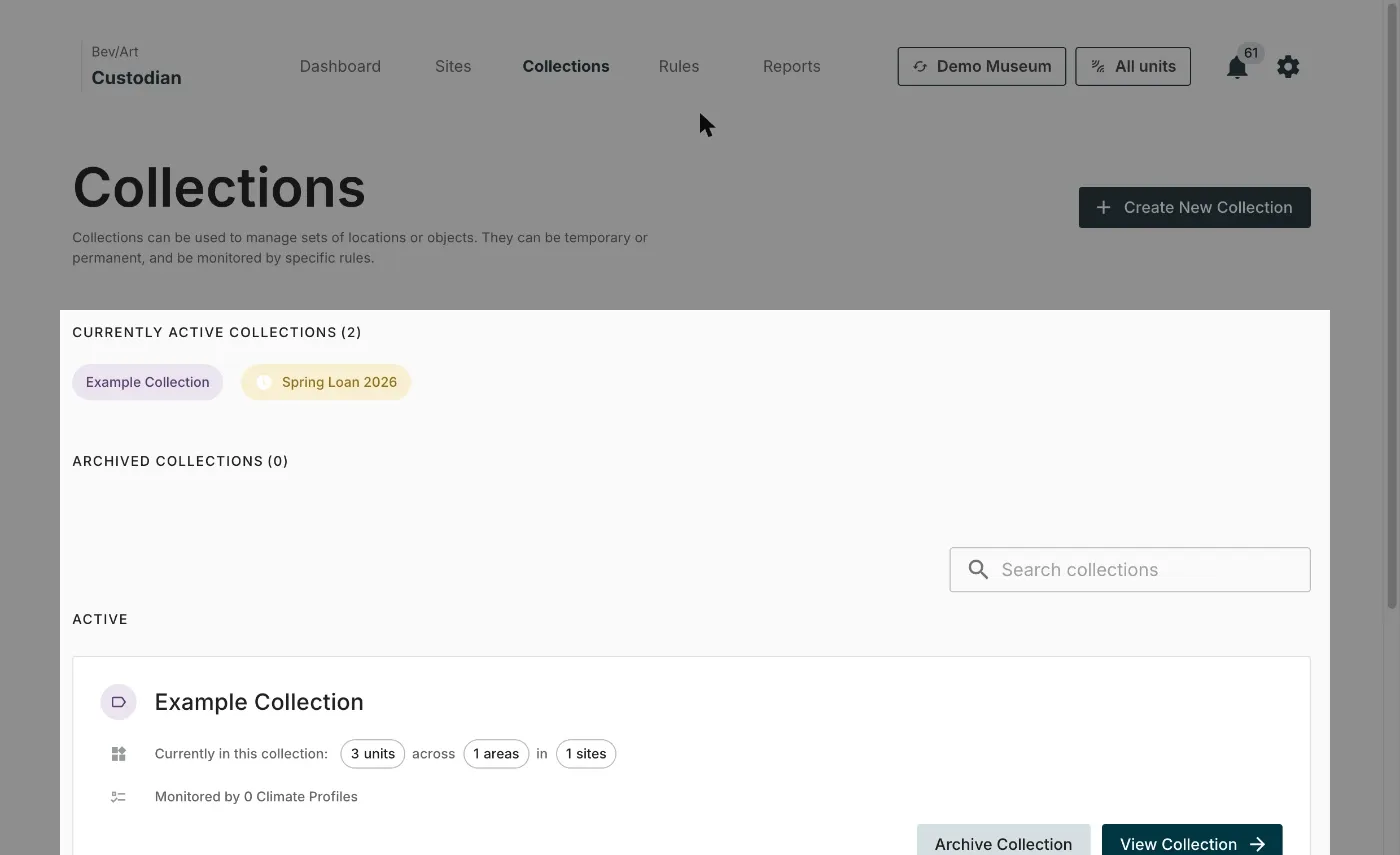 The Collections tab, listing active and archived collections with the units, areas and sites each one covers