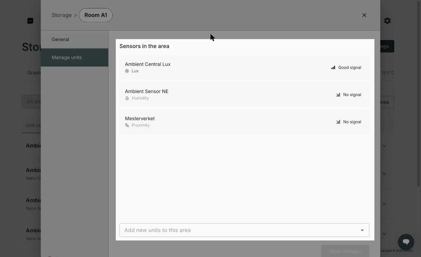 An area's Manage units tab, listing the sensors in the area above the Add new units dropdown