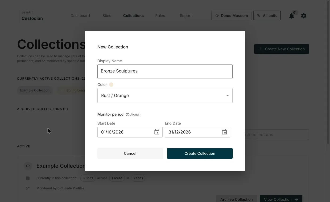 The New Collection dialog, with Display Name, Color and an optional monitor period