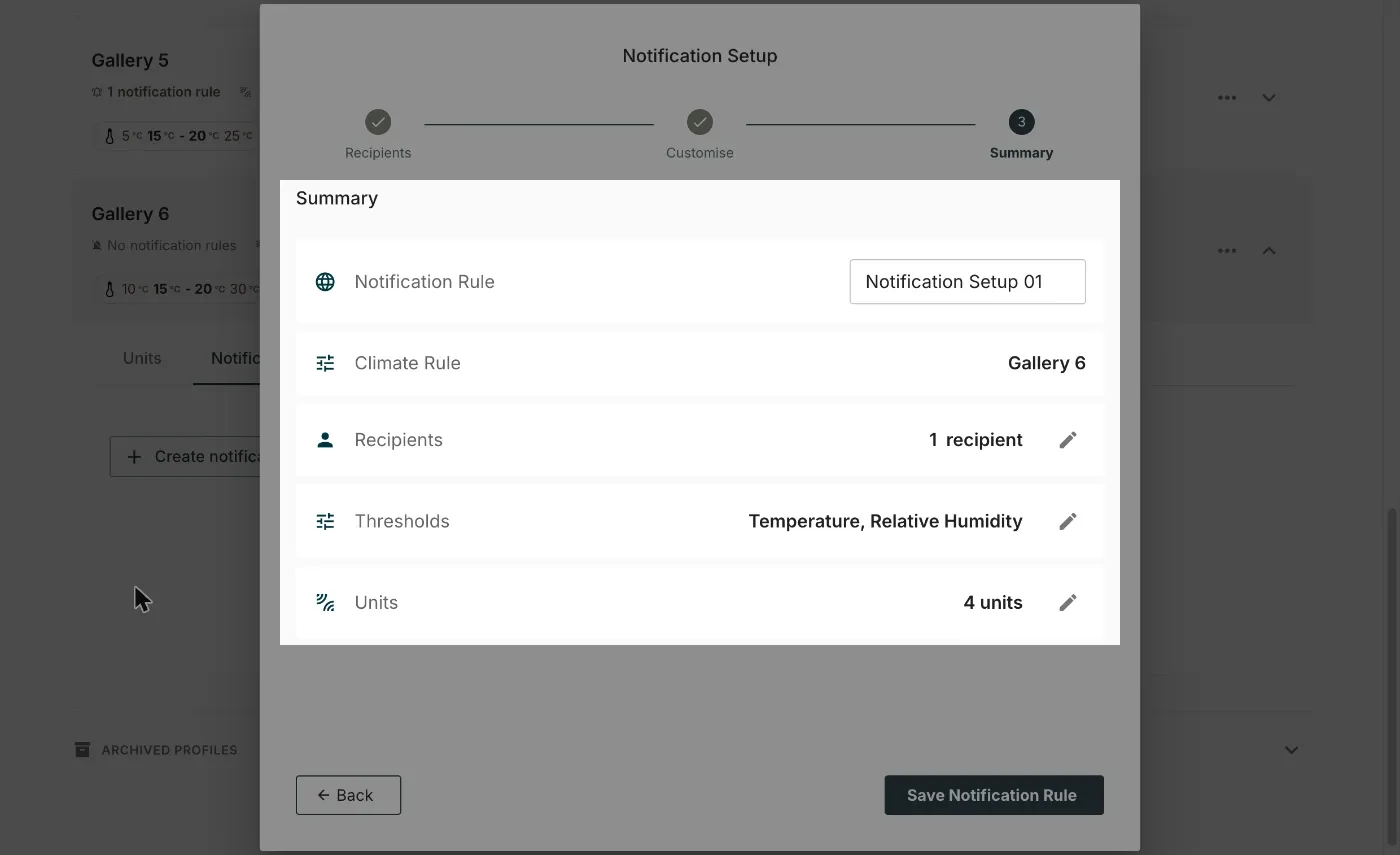 The Summary step, with the notification rule name, climate rule, recipient count, thresholds and unit count