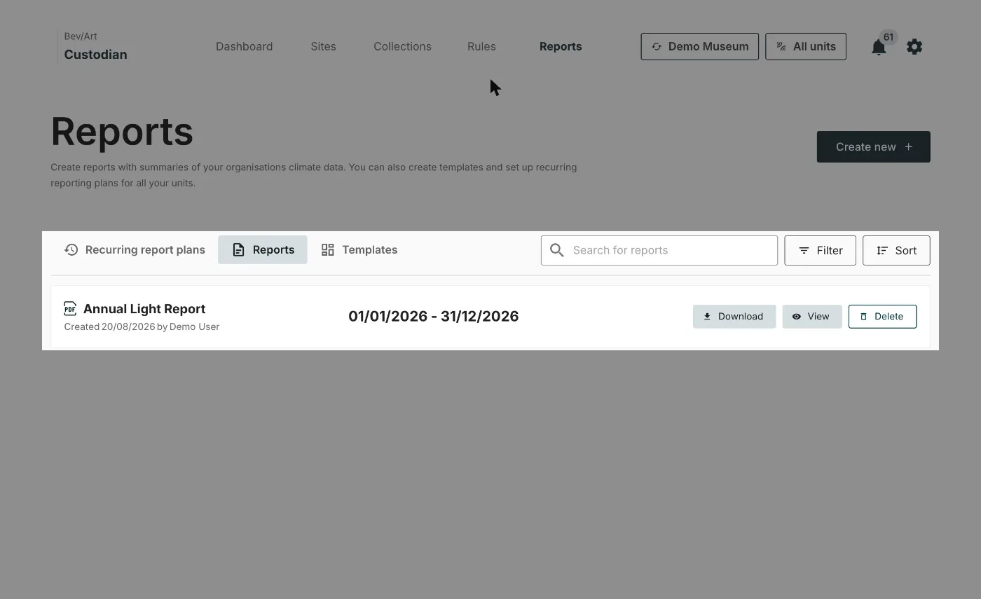 The Reports tab, with the Recurring report plans, Reports and Templates sub-tabs above the list of reports