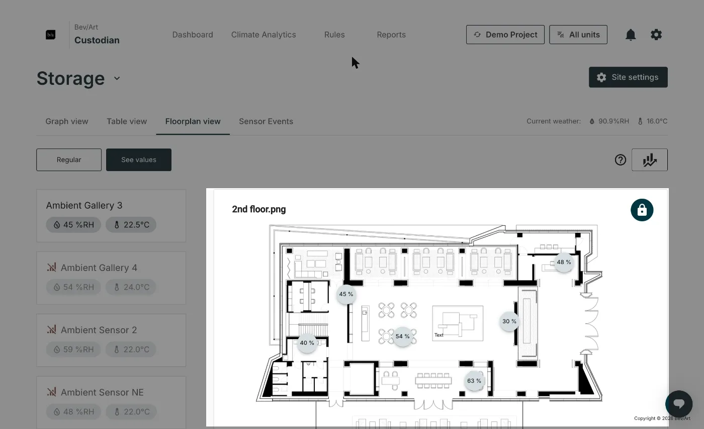 A floor plan in See values mode, each sensor pin showing its current humidity