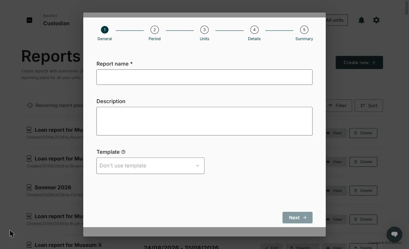 Step 1 of the report wizard, with the name, description and template fields