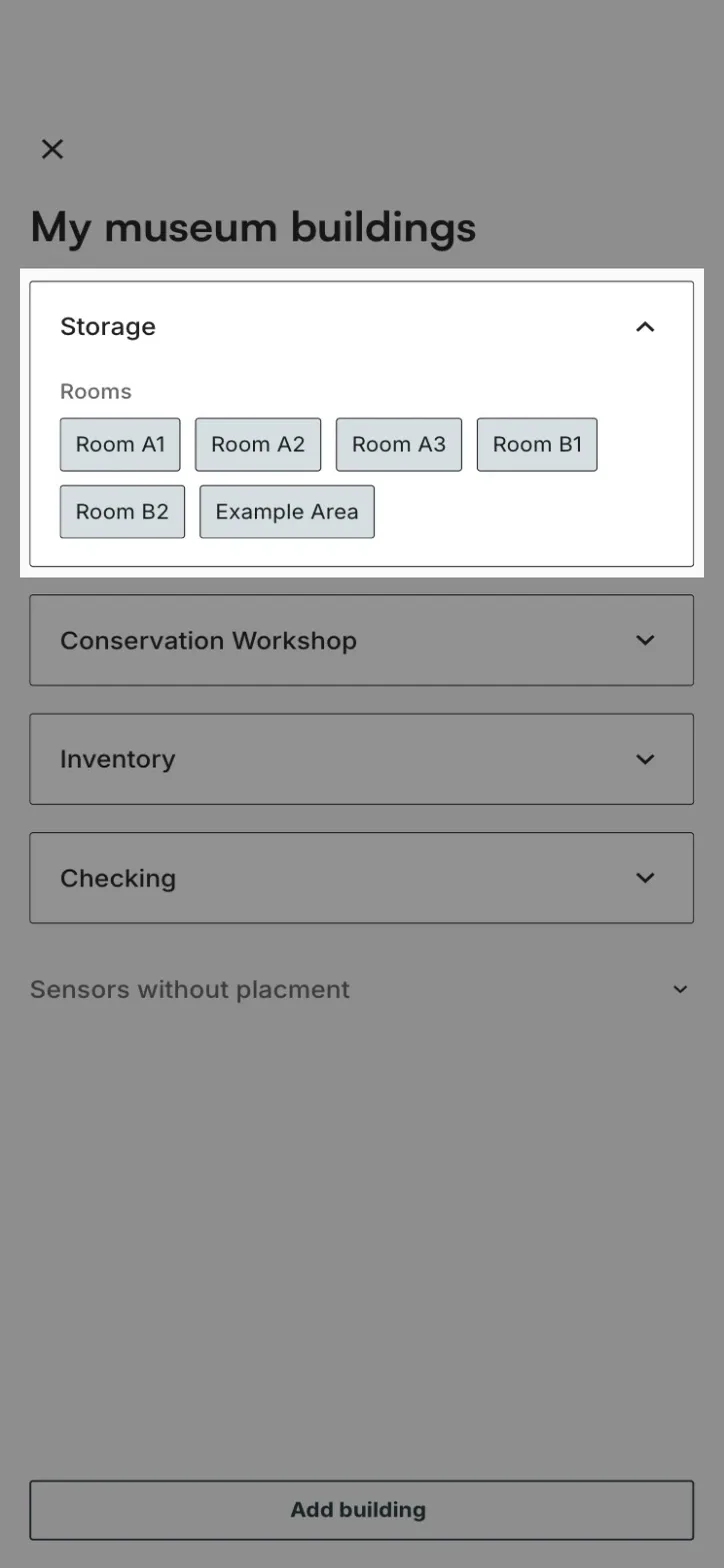 The building list with the Storage building open, showing the rooms inside it
