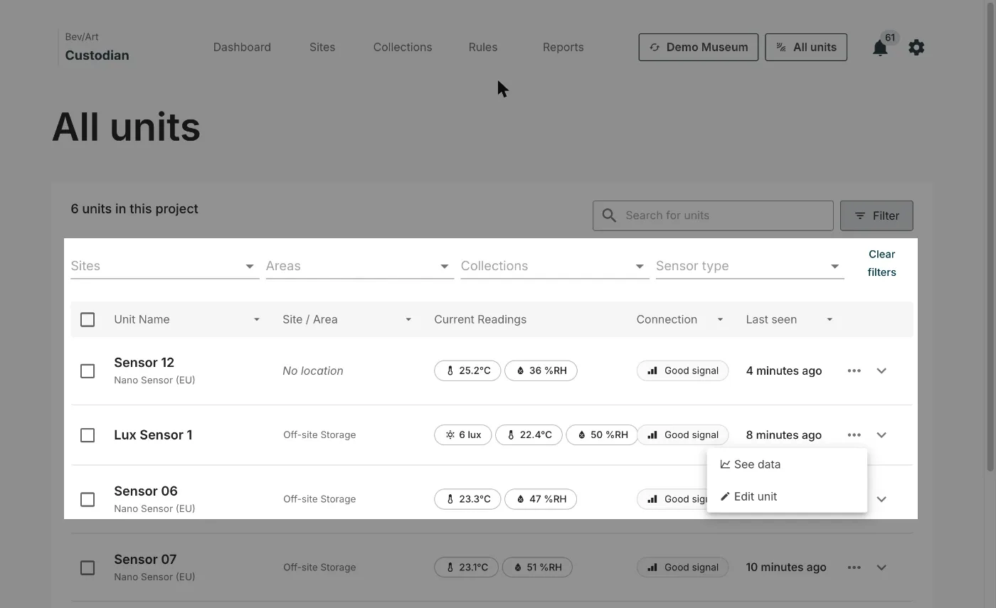 All units with the filter row open above the table and the See data and Edit unit menu open on a row