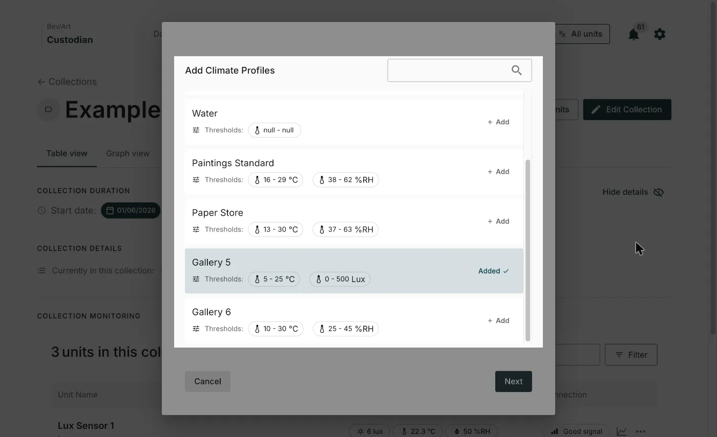 The Add Climate Profiles picker, listing each rule with its thresholds and one marked Added