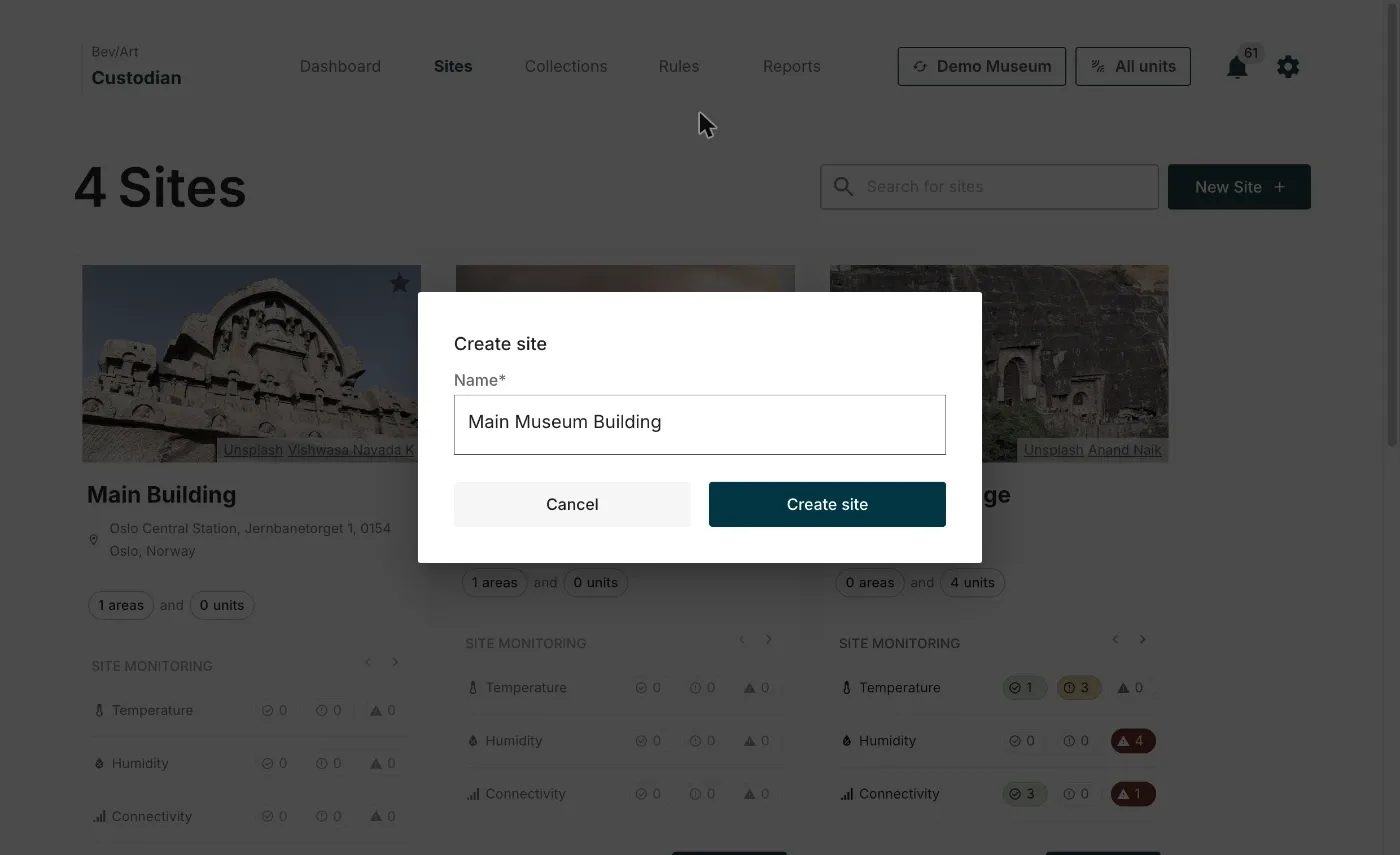 The Create site dialog, which asks only for a name