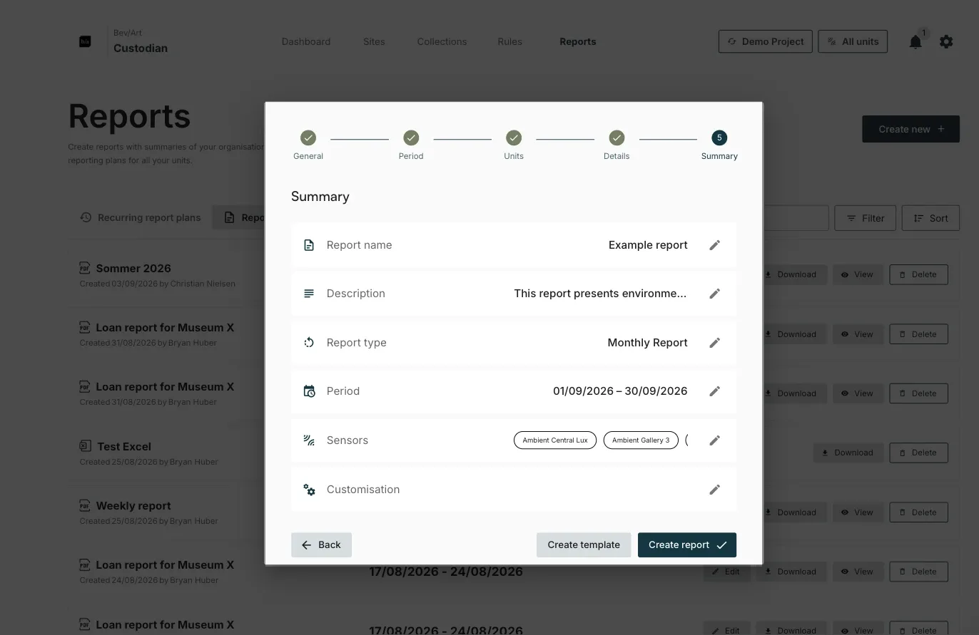 Step 5 of the report wizard, recapping the name, period, sensors and customisation before Create report