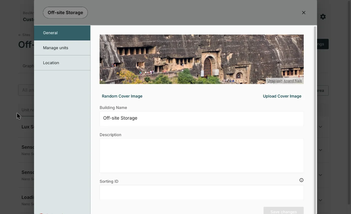 The General tab of the site settings, with the cover image, Building Name, Description and Sorting ID