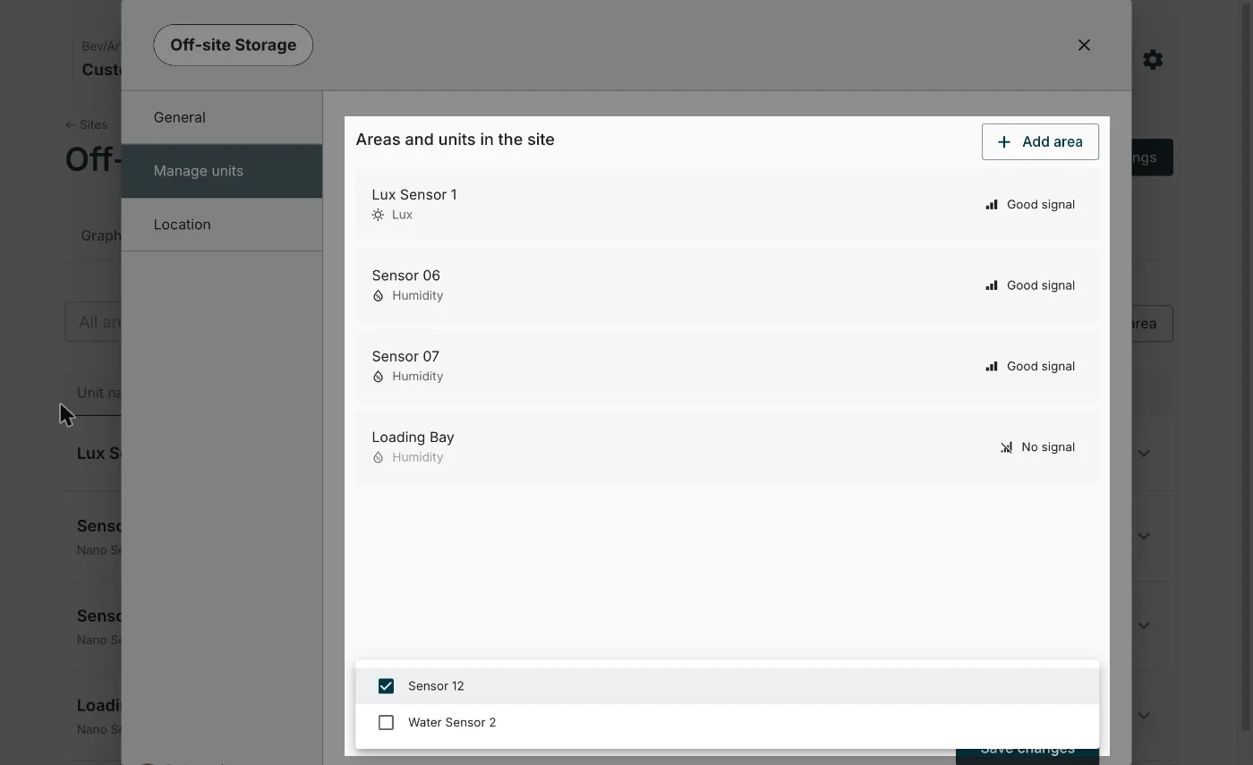 The Manage units tab of the site settings, with the Add new units to this site dropdown open