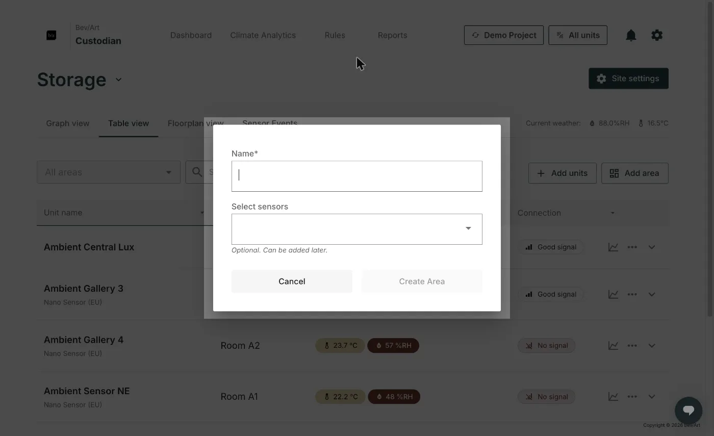 The Add area dialog, with a name field and an optional sensor picker